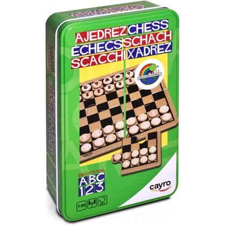 AJEDRES DE VIAJEDE MADERA, CAJA METÁLICA